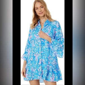 Lilly Pulitzer linley collared coverup Tunic linen sound the sirens amalfi blue